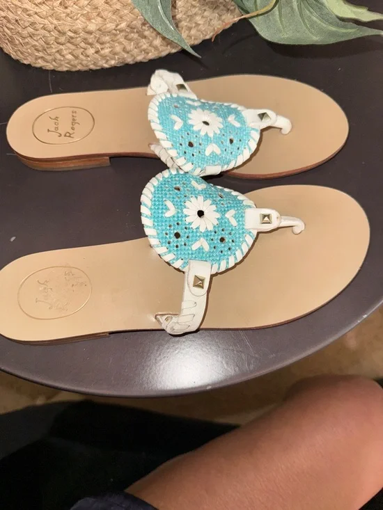 Jack Rogers Turquoise White Daisy Leather Thong Sandals Size 7 - Picture 3 of 7